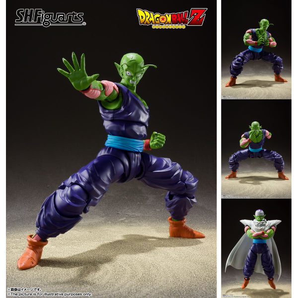 A green-skinned action figure of Piccolo from Dragon Ball, wearing a purple Namekian robe and armor, in various dynamic poses.
