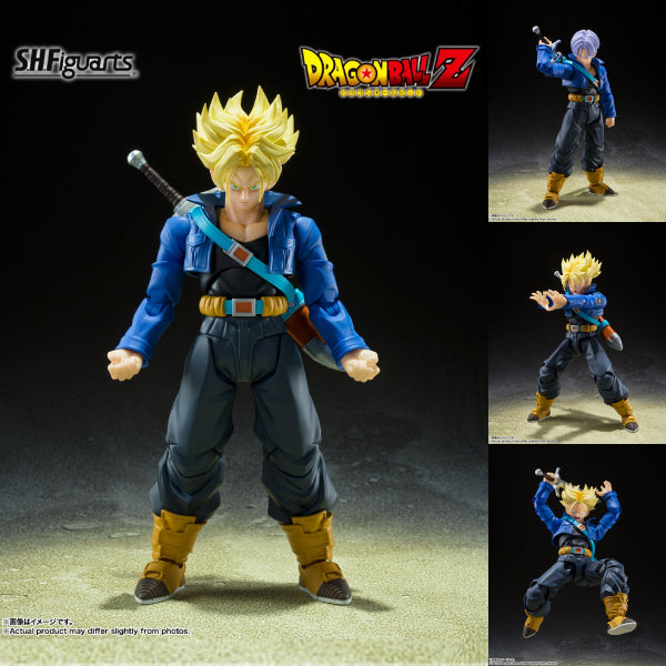 A collage of images showing a Super Saiyan Trunks action figure from the anime Dragon Ball Z. The figures are posed in different stances, displaying the character's dynamic expression and outfit details.