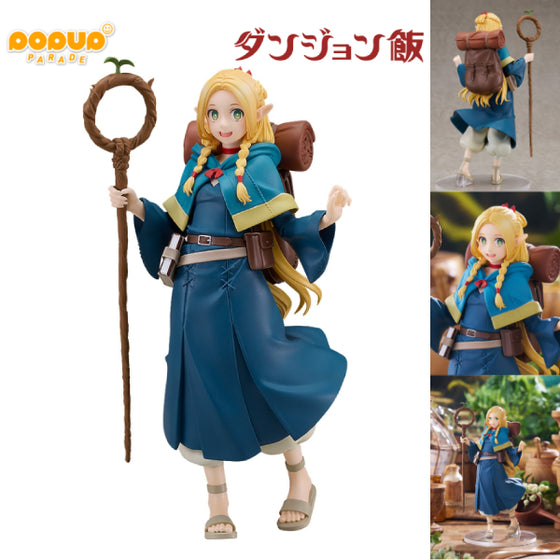 A series of images showcasing a collectible figure from the POP UP PARADE Marcille series, based on the character from the Delicious in Dungeon anime. The figure is depicted in various poses, wearing a blue and brown outfit, carrying a staff, and interacting with a fantasy dungeon setting.