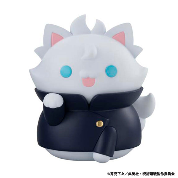 A set of three vinyl figures depicting characters from the anime Jujutsu Kaisen as stylized cats. One character is depicted in a white robe with a cat-like face, another in a black and white outfit resembling a cat, and a third in a dark uniform with a similar cat-like design.