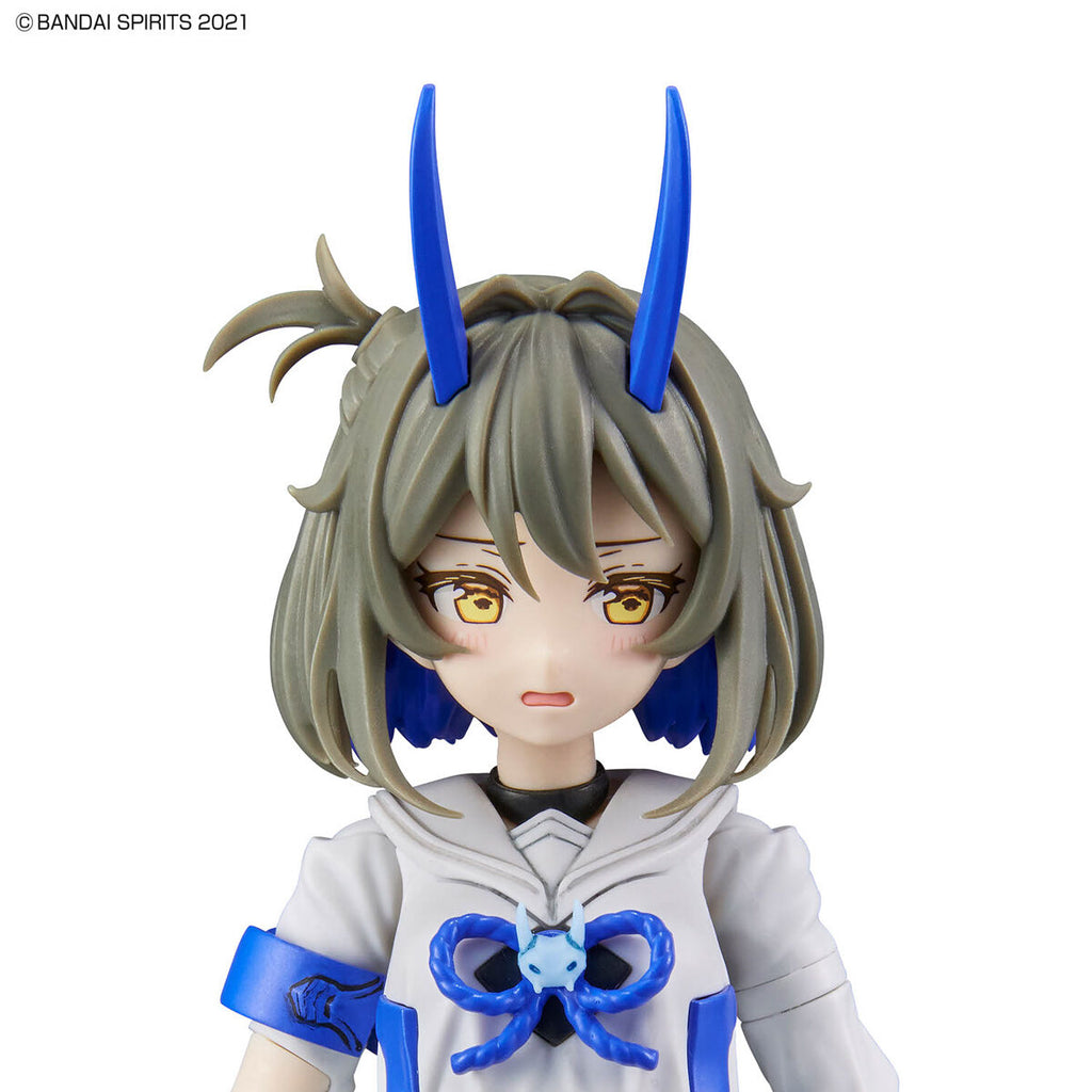 Figurine with blue horns and accessories on a white background
