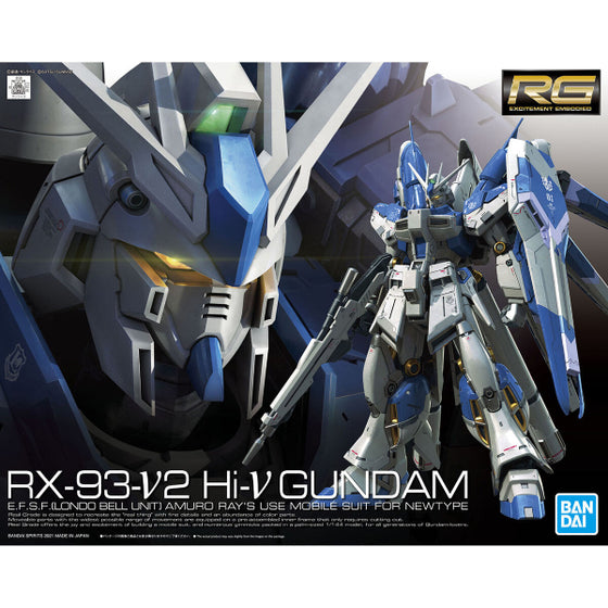 Packaging for RG 1/144 Hi-v Gundam model kit, displaying the assembled and posed figure, with a gray and blue color scheme.
