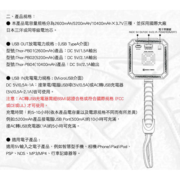 Marvel Avengers Thor Hammer USB Power Bank 5200mAh 10400mAh Spec 2A