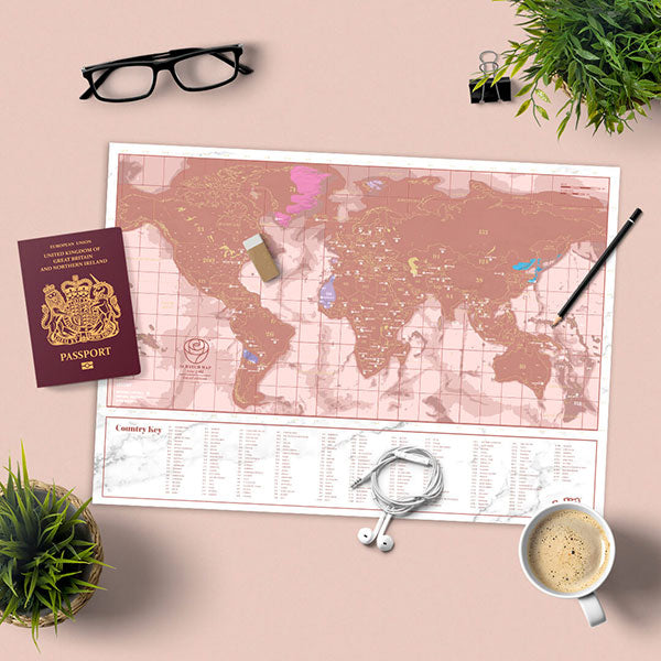 Scratch off World Map Rose Gold Travel Edition Collectible Poster Marble Finish Tourist Planning