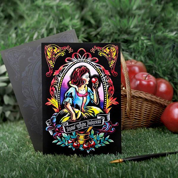 The Snow White Fairy Tale Lago Scratch Art Postcard Cartoon Vintage Poster